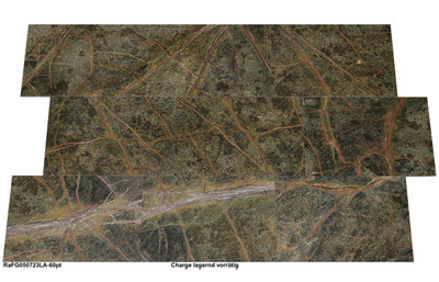 Marmorfliesen, 60x40, Rain Forest Green, antik patiniert, leuchtende Aderung in braun, Goldtönen